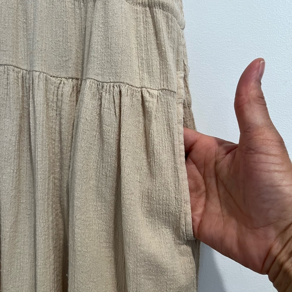 Free People Tan Cotton Linen Blend Sleeveless Hooded Tiered Maxi Dress Sz. M - Picture 5 of 10